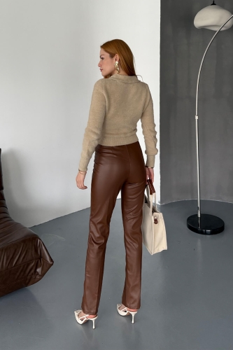 PNT-07400 Taba Suni Deri Paça Yırtmaç Detay Havuç Model Yüksek Bel Pantolon - 4