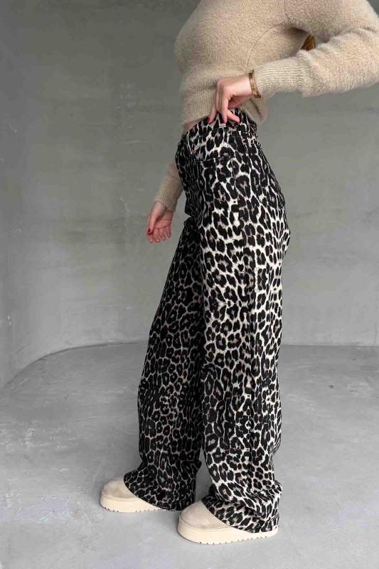 PNT-07402 Leopar Desenli Kot Kumaş Yüksek Bel Palazzo Pantolon - 2