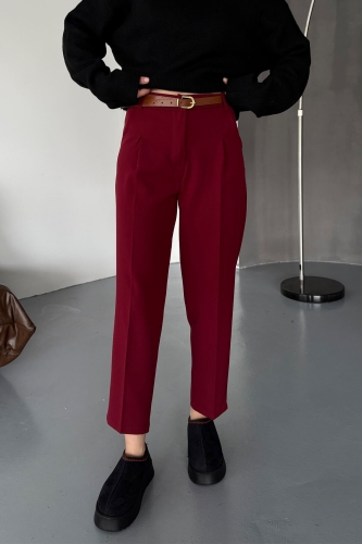 PNT-07404 Bordo Kemerli Havuç Model Atlas Kumaş Pantolon 