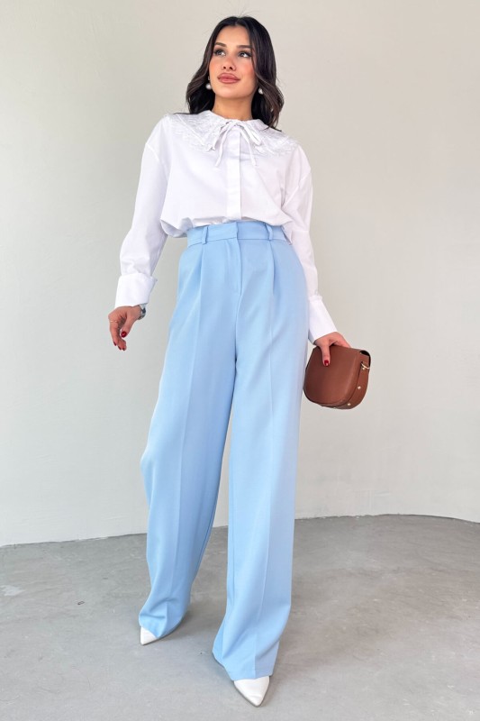 PNT-07409 Bebe Mavisi Poliviskon Kumaş Palazzo Pantolon - 2