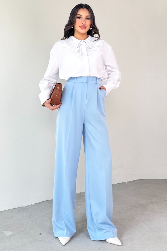 PNT-07409 Bebe Mavisi Poliviskon Kumaş Palazzo Pantolon - 3
