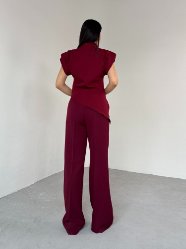 PNT-07409 Bordo Poliviskon Kumaş Palazzo Pantolon - 5