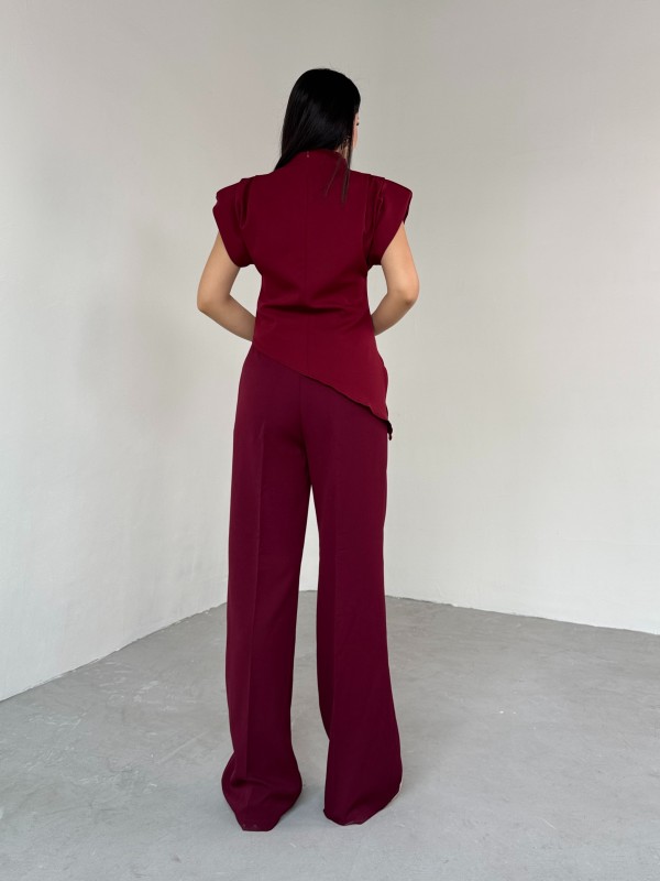 PNT-07409 Bordo Poliviskon Kumaş Palazzo Pantolon - 5