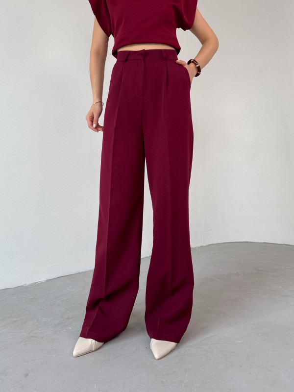 PNT-07409 Bordo Poliviskon Kumaş Palazzo Pantolon - 3