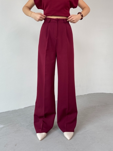 PNT-07409 Bordo Poliviskon Kumaş Palazzo Pantolon 