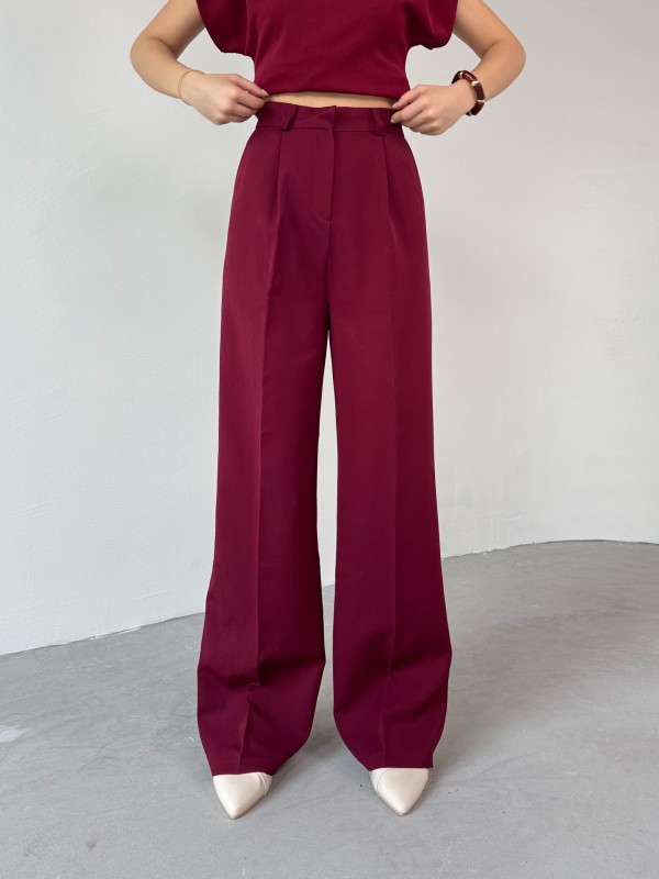 PNT-07409 Bordo Poliviskon Kumaş Palazzo Pantolon - 1