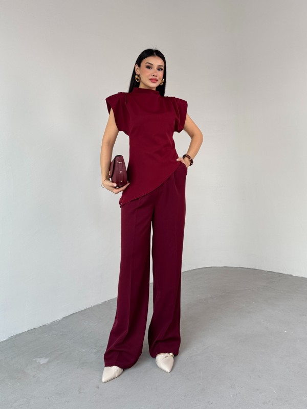 PNT-07409 Bordo Poliviskon Kumaş Palazzo Pantolon - 4