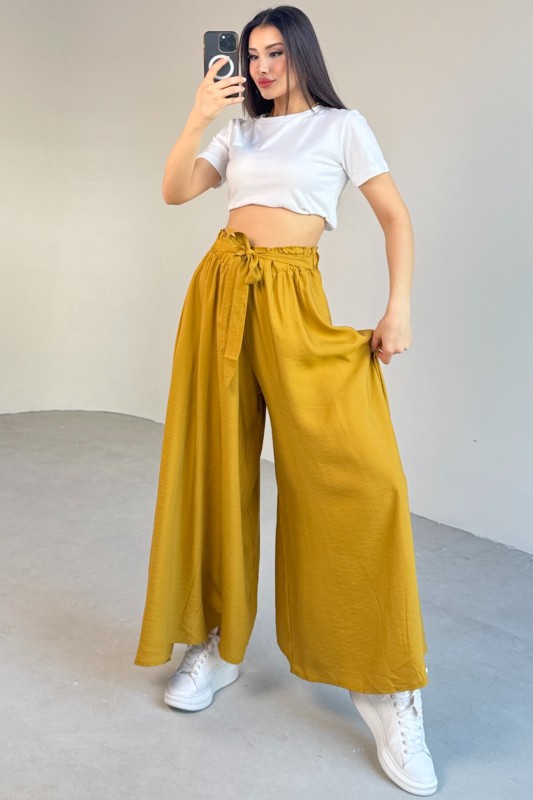 PNT-07410 Hardal Rengi Dokuma Kuşaklı Şalvar Etek Pantolon - 3