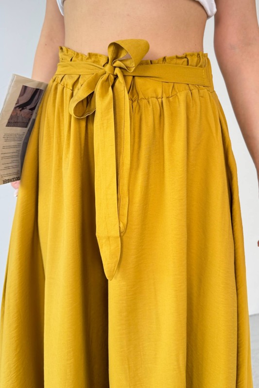 PNT-07410 Hardal Rengi Dokuma Kuşaklı Şalvar Etek Pantolon - 4