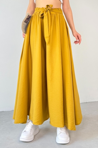 PNT-07410 Hardal Rengi Dokuma Kuşaklı Şalvar Etek Pantolon - 2