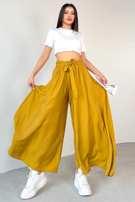 PNT-07410 Hardal Rengi Dokuma Kuşaklı Şalvar Etek Pantolon - 6