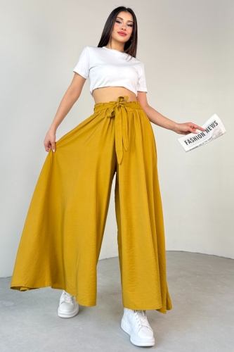 PNT-07410 Hardal Rengi Dokuma Kuşaklı Şalvar Etek Pantolon - 7