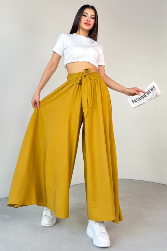 PNT-07410 Hardal Rengi Dokuma Kuşaklı Şalvar Etek Pantolon - 7