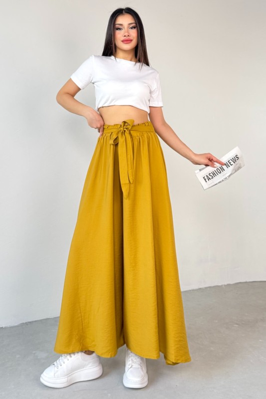 PNT-07410 Hardal Rengi Dokuma Kuşaklı Şalvar Etek Pantolon - 8