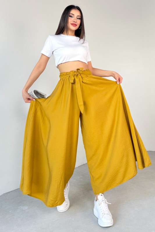 PNT-07410 Hardal Rengi Dokuma Kuşaklı Şalvar Etek Pantolon - 9