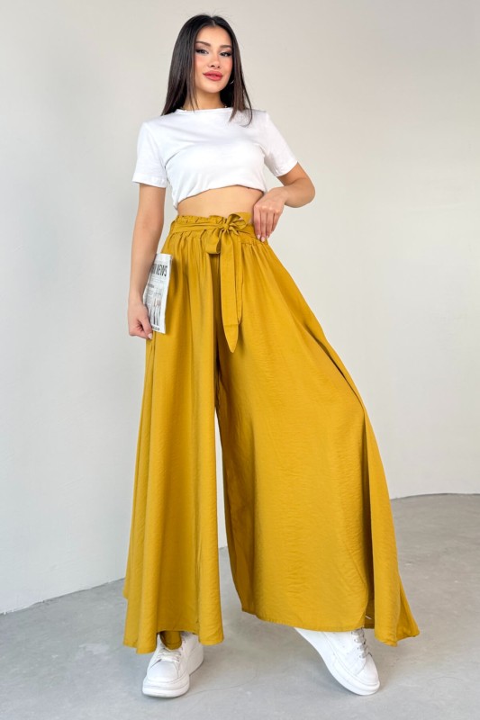 PNT-07410 Hardal Rengi Dokuma Kuşaklı Şalvar Etek Pantolon - 10