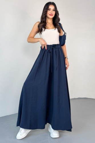 PNT-07410 Lacivert Dokuma Kuşaklı Şalvar Etek Pantolon 