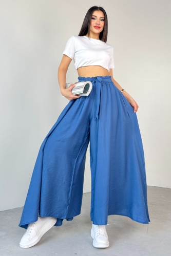 PNT-07410 Mavi Dokuma Kuşaklı Şalvar Etek Pantolon - 3