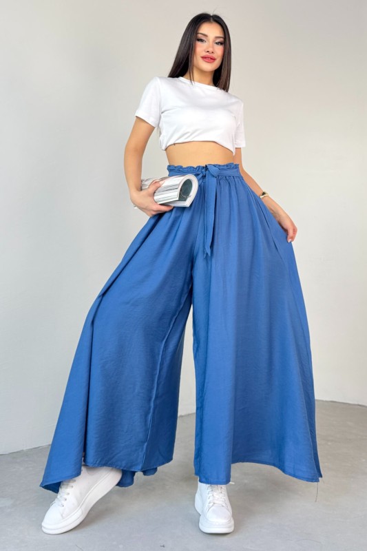 PNT-07410 Mavi Dokuma Kuşaklı Şalvar Etek Pantolon - 3