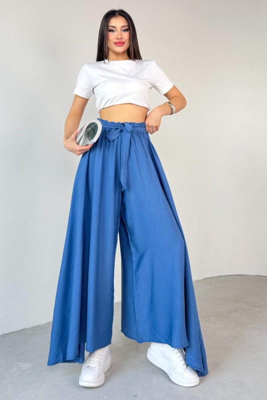 PNT-07410 Mavi Dokuma Kuşaklı Şalvar Etek Pantolon - 4