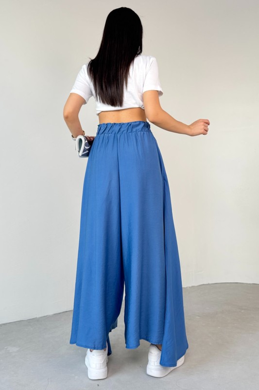 PNT-07410 Mavi Dokuma Kuşaklı Şalvar Etek Pantolon - 6