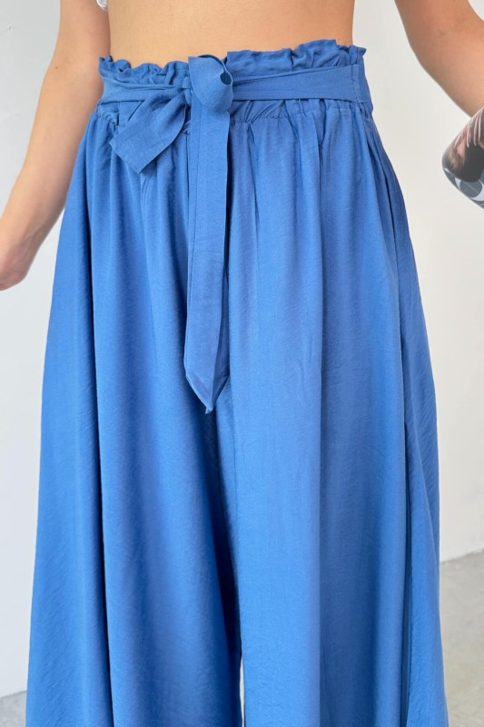 PNT-07410 Mavi Dokuma Kuşaklı Şalvar Etek Pantolon - 2