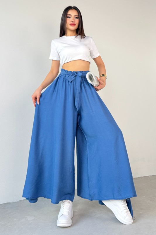 PNT-07410 Mavi Dokuma Kuşaklı Şalvar Etek Pantolon - 7