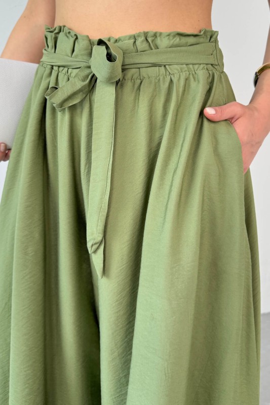 PNT-07410 Mint Yeşili Dokuma Kuşaklı Şalvar Etek Pantolon - 4