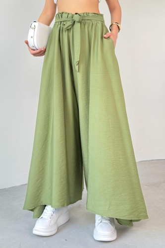 PNT-07410 Mint Yeşili Dokuma Kuşaklı Şalvar Etek Pantolon - 2