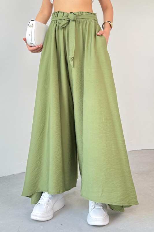 PNT-07410 Mint Yeşili Dokuma Kuşaklı Şalvar Etek Pantolon - 2