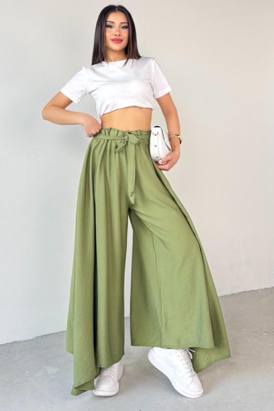 PNT-07410 Mint Yeşili Dokuma Kuşaklı Şalvar Etek Pantolon - 5