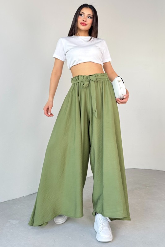 PNT-07410 Mint Yeşili Dokuma Kuşaklı Şalvar Etek Pantolon - 6