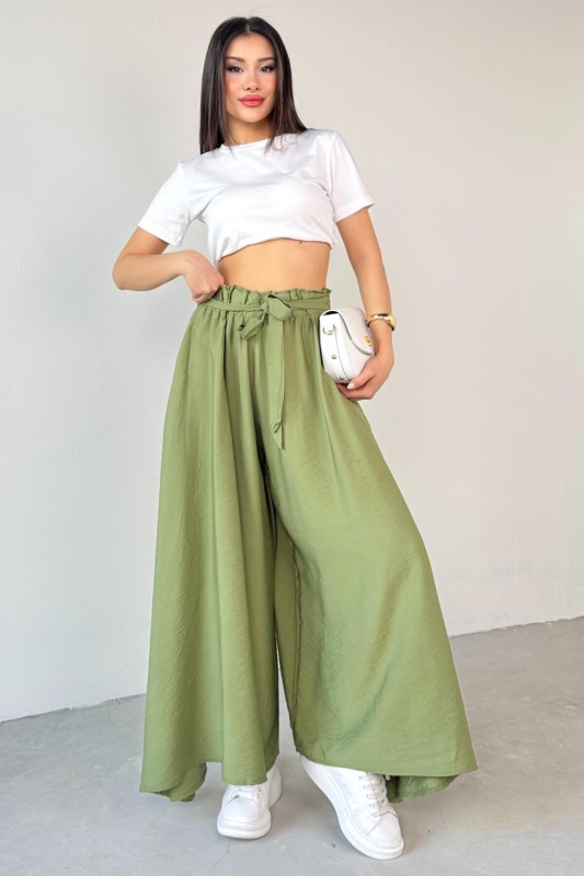 PNT-07410 Mint Yeşili Dokuma Kuşaklı Şalvar Etek Pantolon - 7