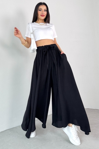 PNT-07410 Siyah Dokuma Kuşaklı Şalvar Etek Pantolon - 4