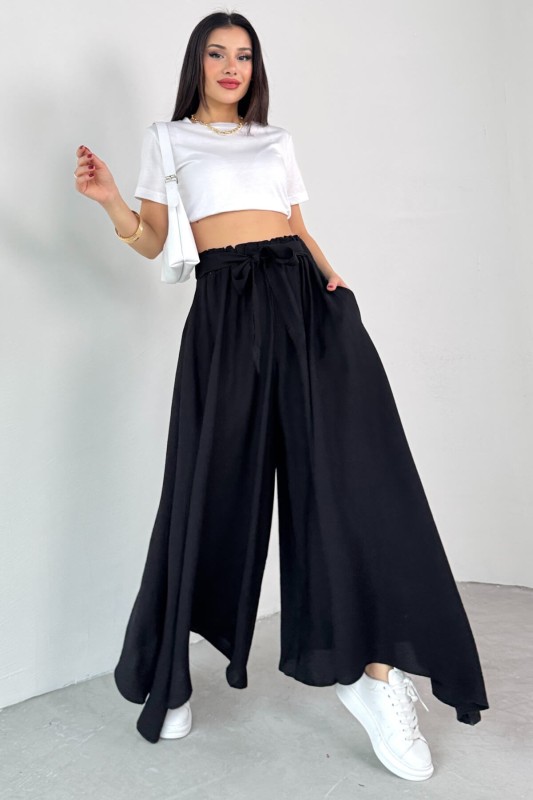 PNT-07410 Siyah Dokuma Kuşaklı Şalvar Etek Pantolon - 4