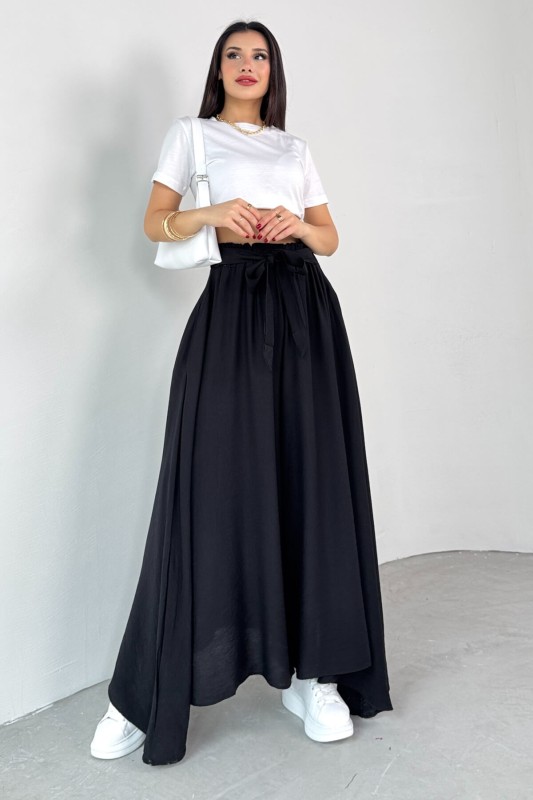 PNT-07410 Siyah Dokuma Kuşaklı Şalvar Etek Pantolon - 1