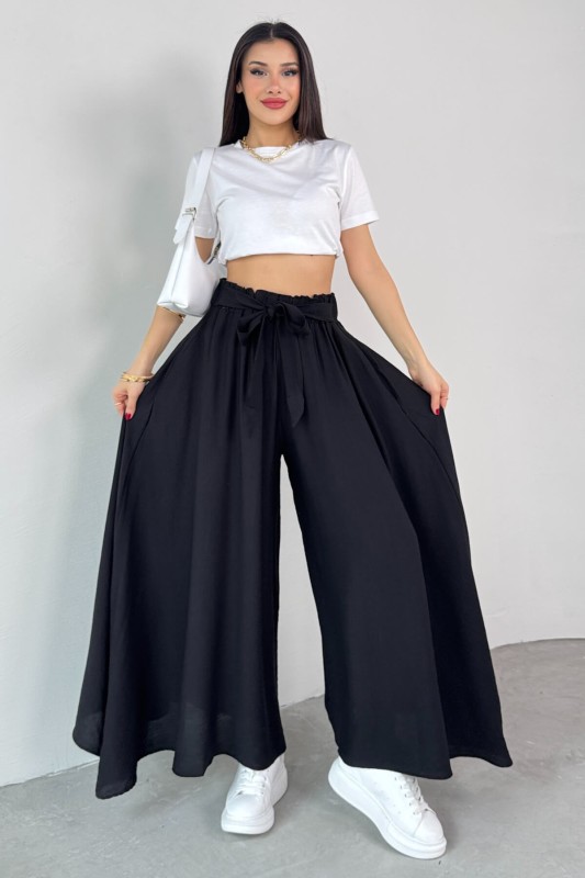 PNT-07410 Siyah Dokuma Kuşaklı Şalvar Etek Pantolon - 3