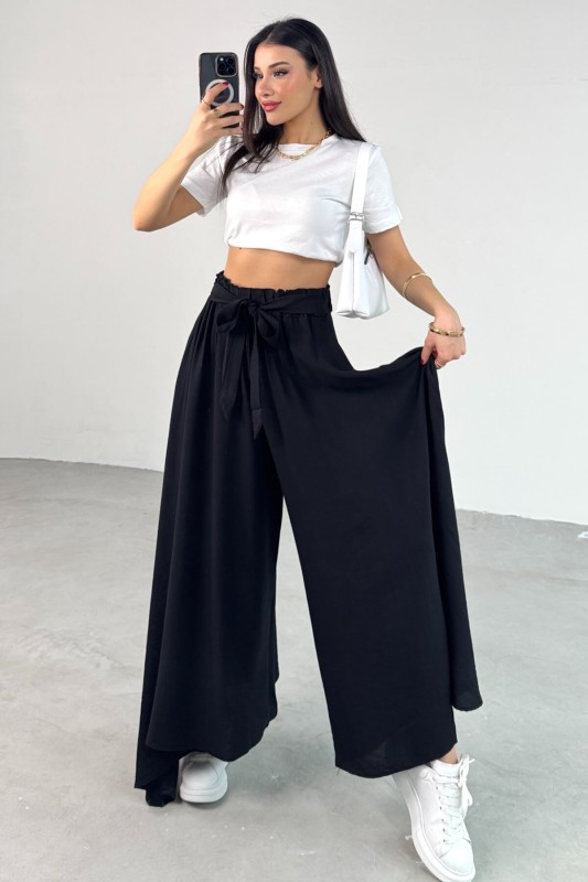PNT-07410 Siyah Dokuma Kuşaklı Şalvar Etek Pantolon - 5