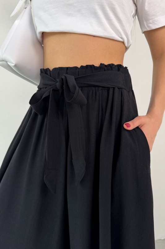 PNT-07410 Siyah Dokuma Kuşaklı Şalvar Etek Pantolon - 6