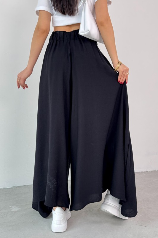 PNT-07410 Siyah Dokuma Kuşaklı Şalvar Etek Pantolon - 7