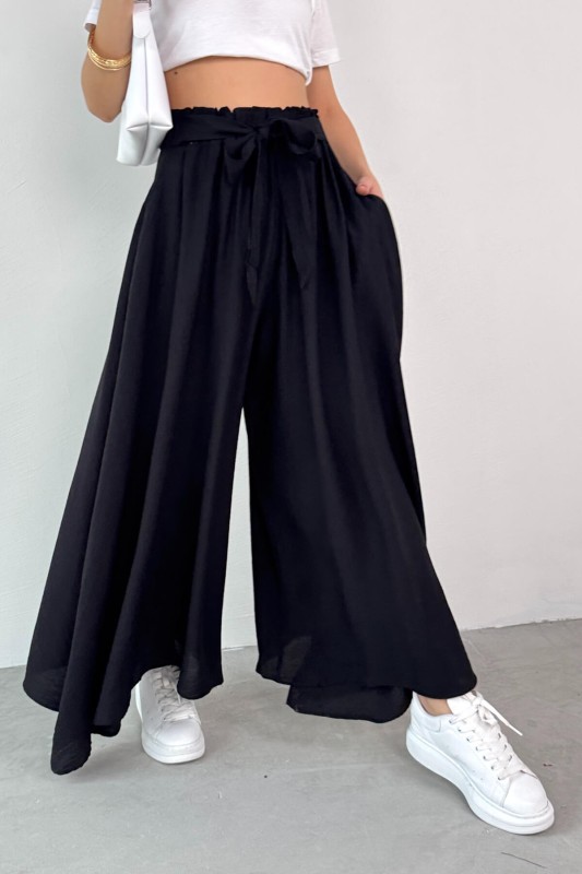 PNT-07410 Siyah Dokuma Kuşaklı Şalvar Etek Pantolon - 2