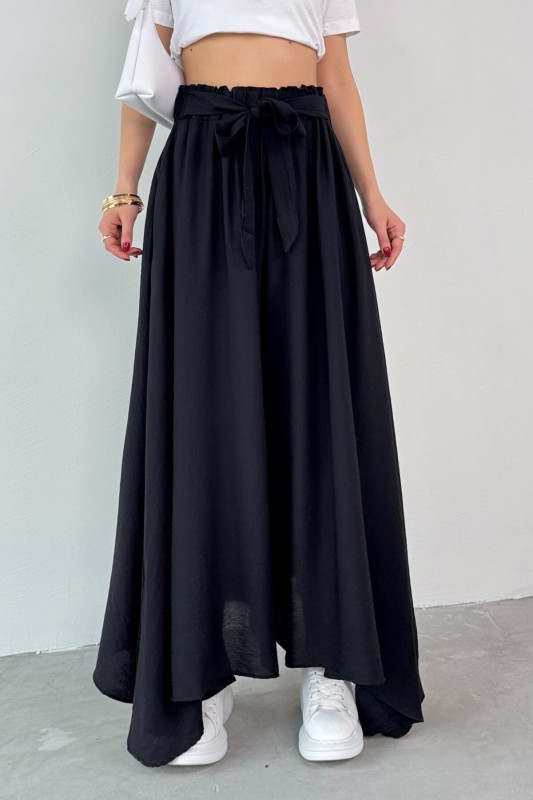 PNT-07410 Siyah Dokuma Kuşaklı Şalvar Etek Pantolon - 8