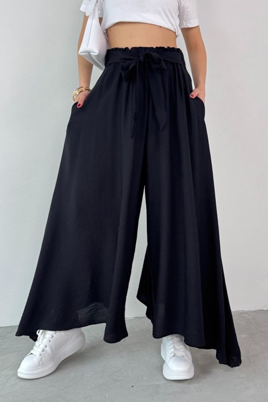 PNT-07410 Siyah Dokuma Kuşaklı Şalvar Etek Pantolon - 9
