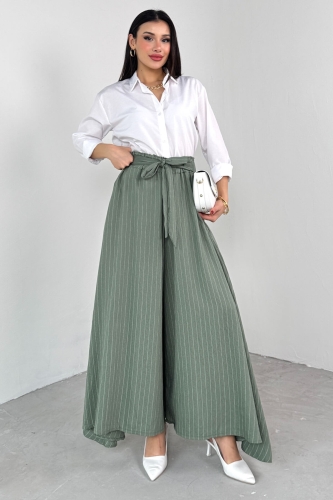 PNT-07411 Haki Çizgili Dokuma Şalvar Etek Pantolon 