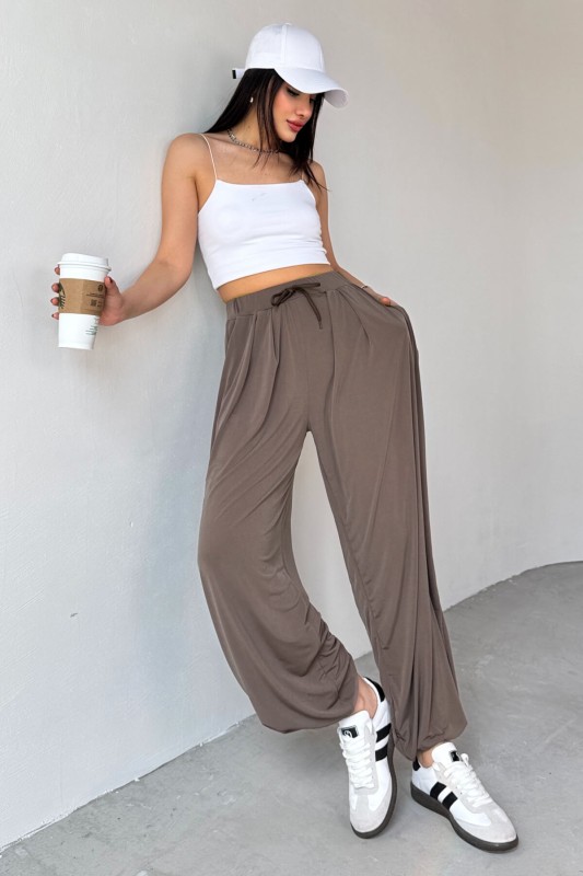 PNT-07413 Haki Modal Kumaş Paça Detaylı Şalvar Pantolon - 4