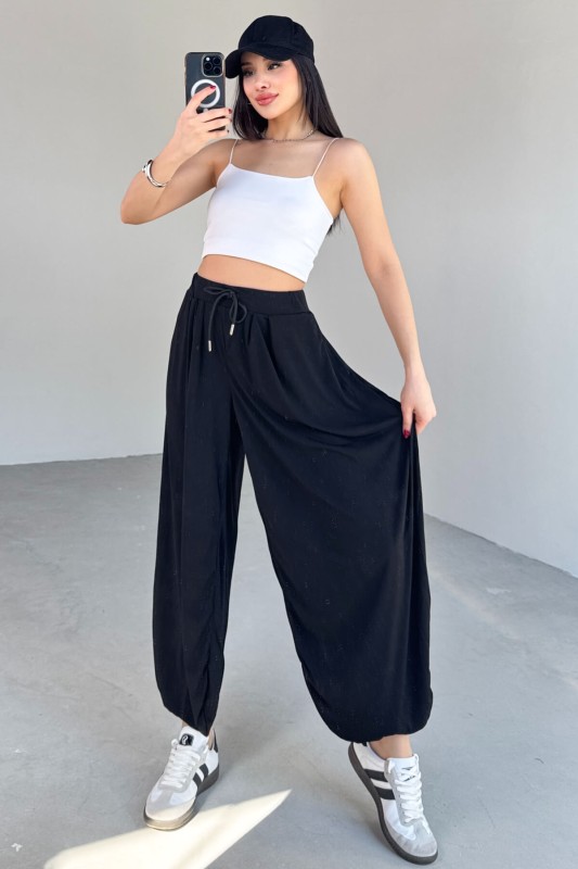 PNT-07413 Siyah Modal Kumaş Paça Detaylı Şalvar Pantolon - 1
