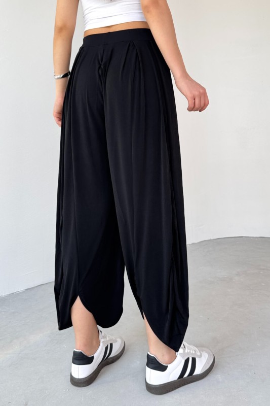PNT-07413 Siyah Modal Kumaş Paça Detaylı Şalvar Pantolon - 3