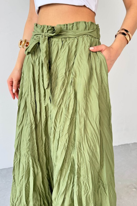 PNT-07415 Haki Bel Lastikli Buruşuk Kumaş Salaş Pantolon - 5