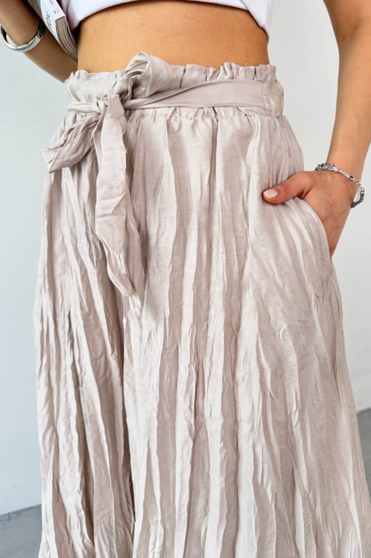 PNT-07415 Taş Rengi Bel Lastikli Buruşuk Kumaş Salaş Pantolon - 5