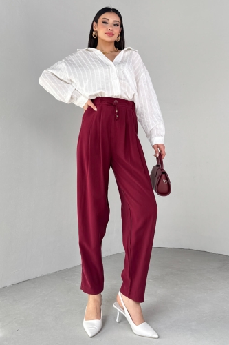 PNT-07416 Bordo Bel Bağlamalı Pensli Havuç Pantolon 